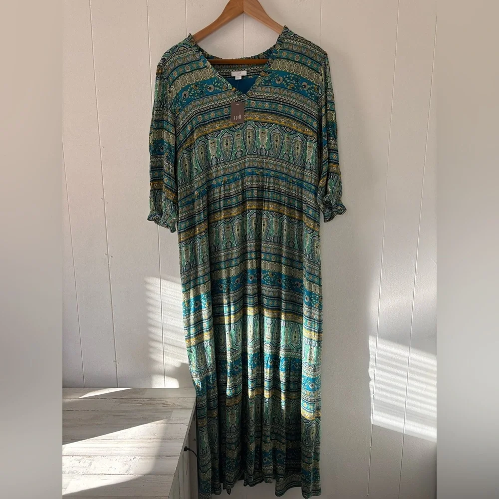 NEW J. Jill Floral Paisley Peasant Maxi Dress Puff Sleeve Blue Boho Size Medium - Picture 9 of 16
